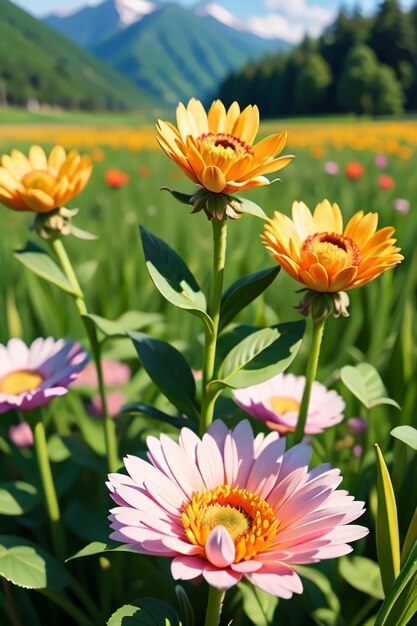 A field of flowers with a yellow flower in the middle