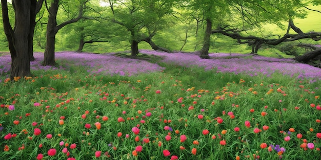 A field of flowers in the woods with a green field of purple flowers.