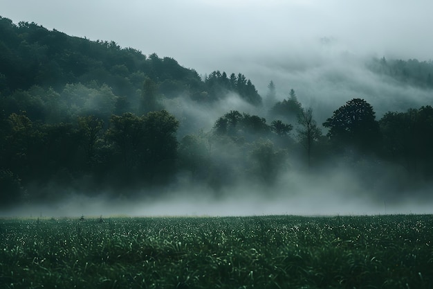 Photo a field of fog and trees with a forest in the background