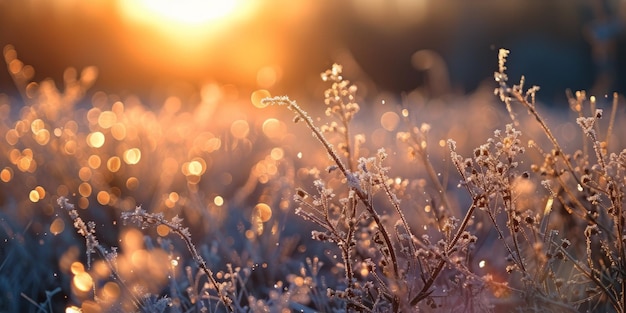 A Field of FrostCovered Grass With the Sun in the Background