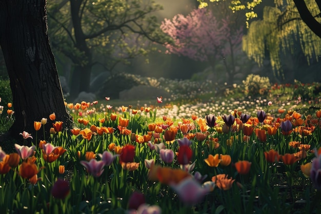 A field full of colorful flowers next to a tree