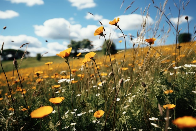 A field full of yellow and white flowers Generative AI