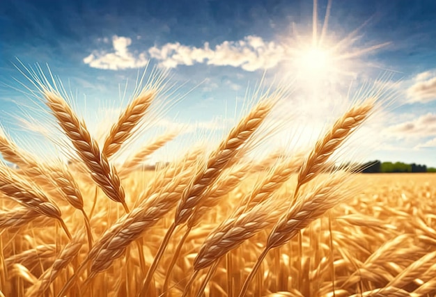 A field of golden wheat against a blue sky