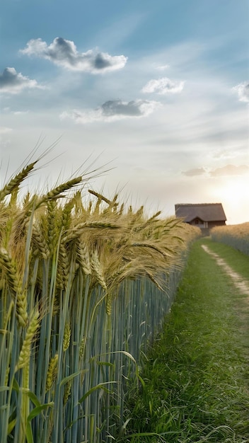 A field of golden wheat amid green grass