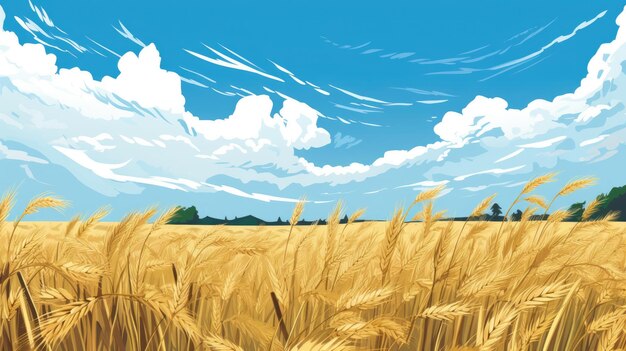 Photo a field of golden wheat sways gently in the breeze under a bright blue sky dotted with fluffy white clouds