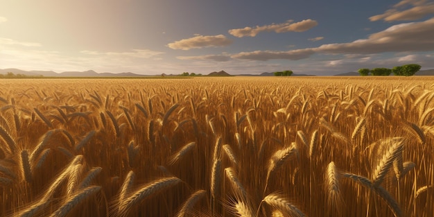 A field of golden wheat with a blue sky and clouds in the background.