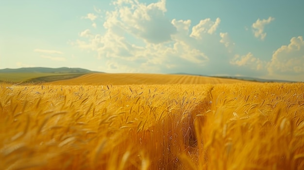 A field of golden wheat with a clear blue sky in the background The sky is dotted with clouds giving