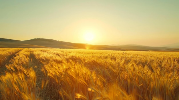 A field of golden wheat with the sun setting in the background The sun is setting behind the hills c