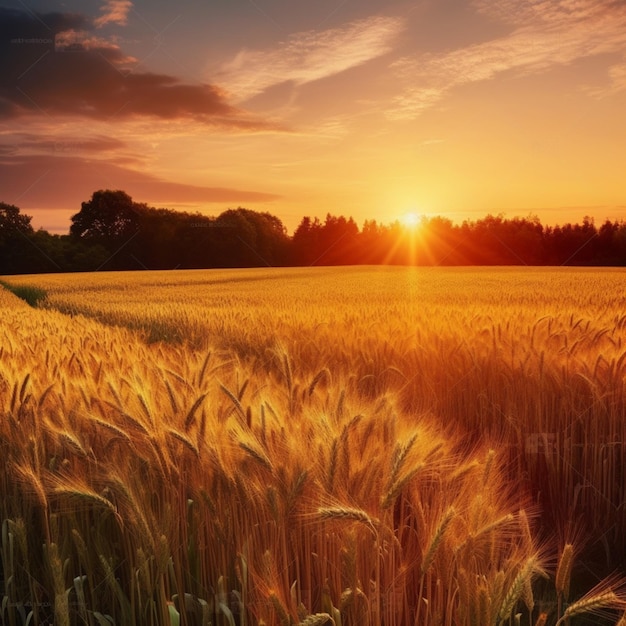 A field of golden wheat with the sun setting behind it.