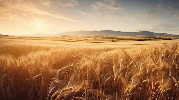 A field of golden wheat with the sun setting behind it