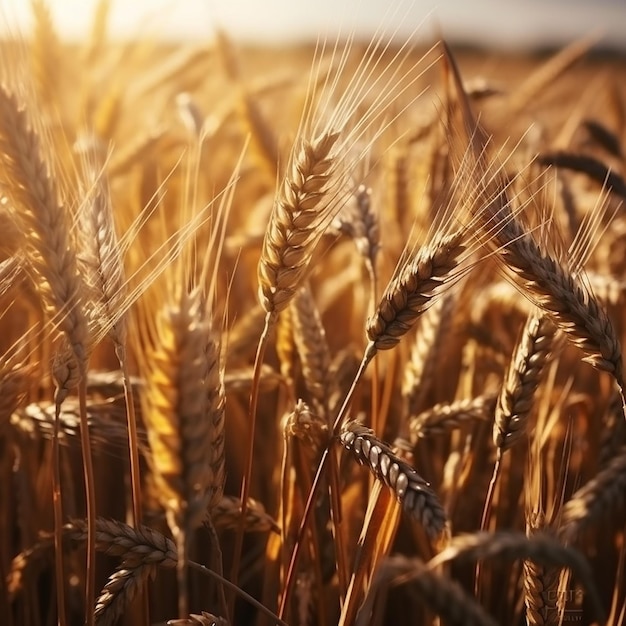 A field of golden wheat with the sun shining on the top left corner.