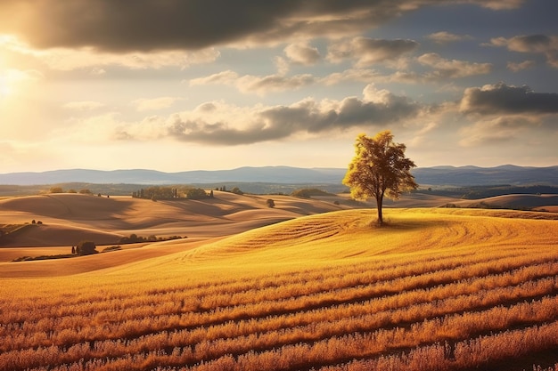 A field of golden wheat with a tree in the foreground