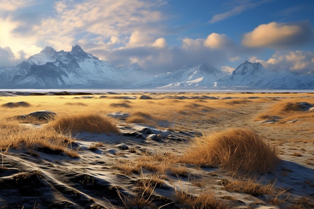 a field of grass and mountains with snow covered mountains in the background