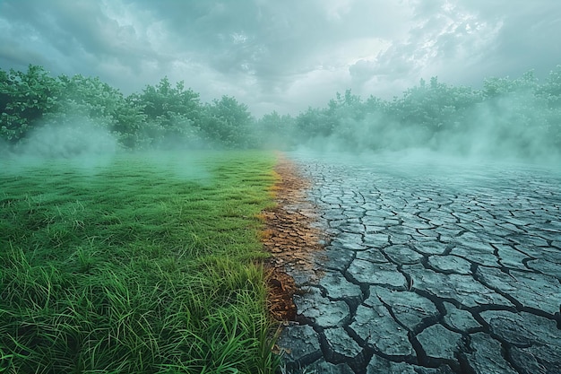 a field of grass and mud with a rainbow in the background