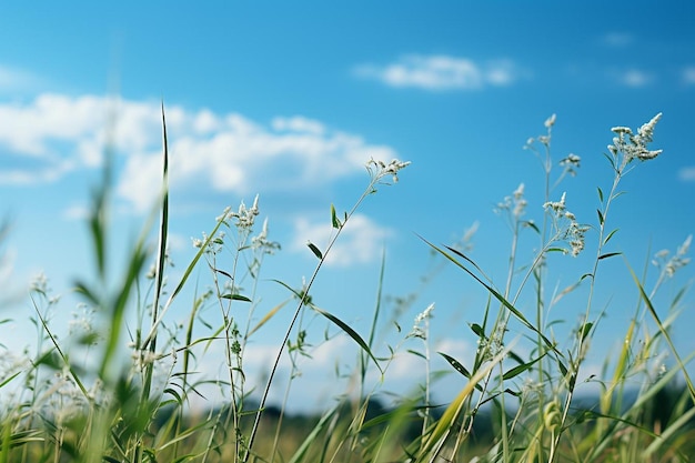 a field of grass with a blue sky and clouds in the background