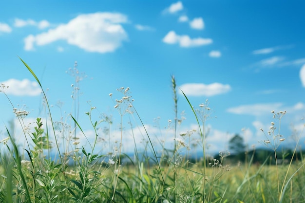 a field of grass with a blue sky and clouds in the background