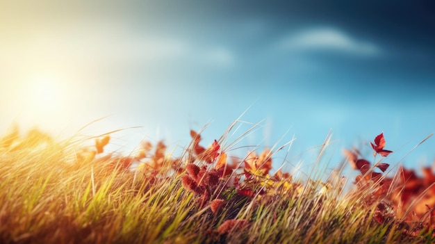 A field of grass with a blue sky and the sun behind it