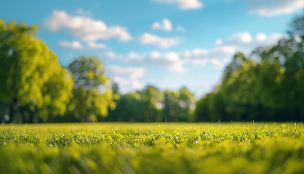 a field of grass with a blue sky and trees in the background