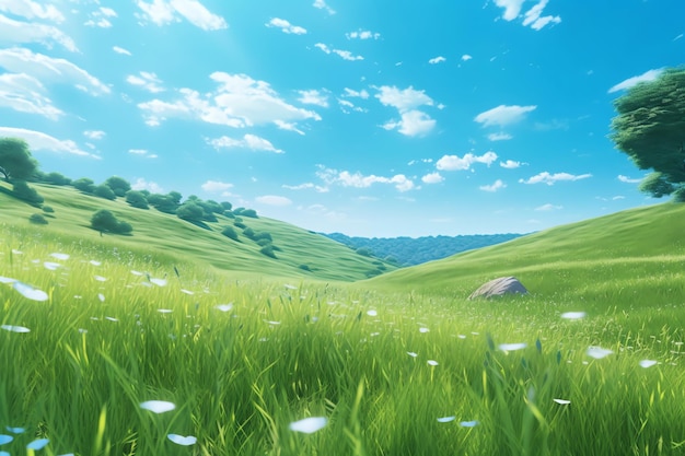 A field of grass with a blue sky and white clouds