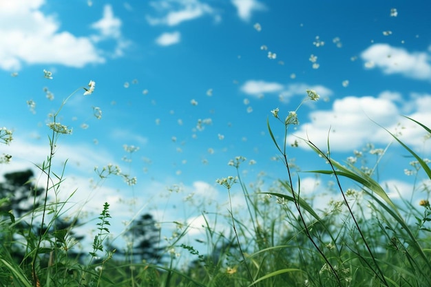 a field of grass with dandelions and a blue sky with clouds