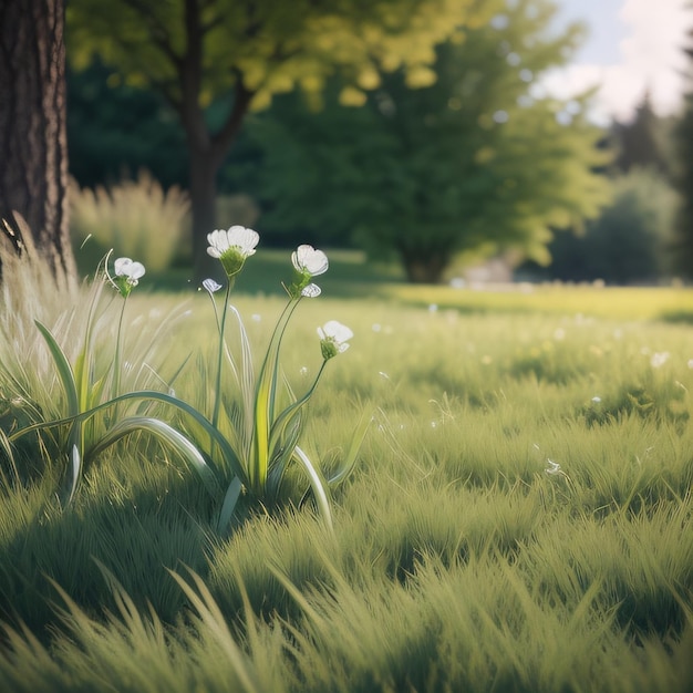 A field of grass with flowers in the foreground and a tree in the background.