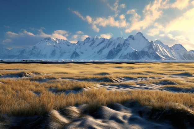 a field of grass with a mountain in the background