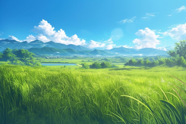 a field of grass with mountains in the background