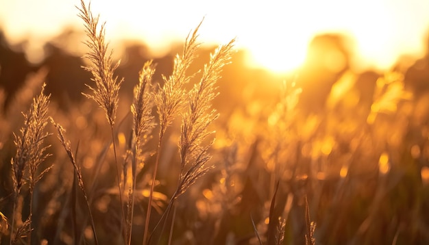 Photo a field of grass with the sun behind it