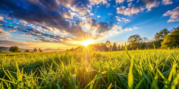 a field of grass with the sun setting in the background