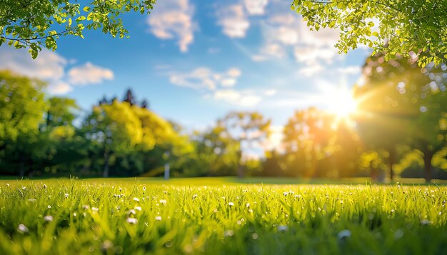 a field of grass with a sun setting in the background