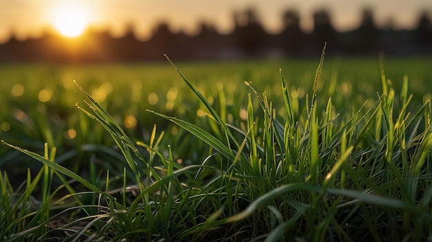 a field of grass with the sun setting behind it