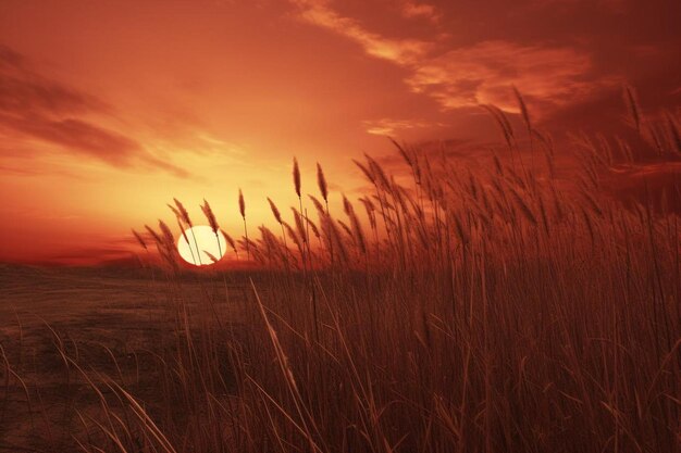 Photo a field of grass with the sun setting behind it