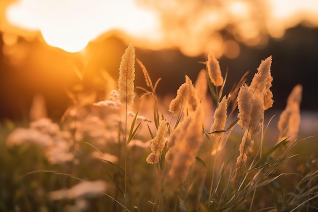 Field of grass with the sun setting behind