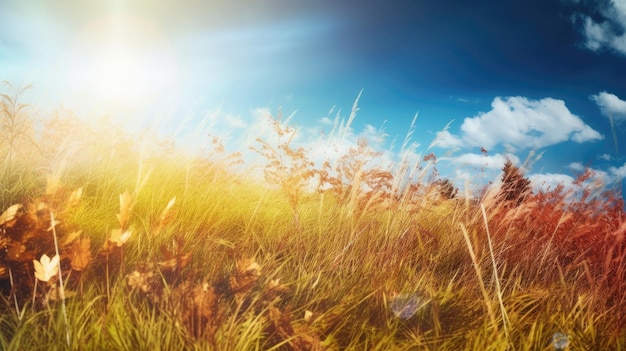 A field of grass with the sun shining on it