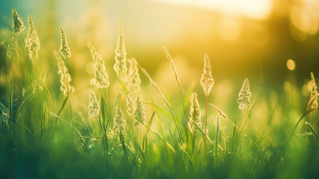 A field of grass with the sun shining on it