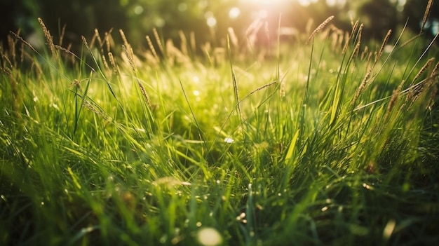 A field of grass with the sun shining on it