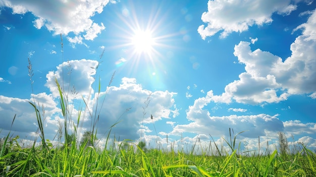 Photo a field of grass with the sun shining through the clouds