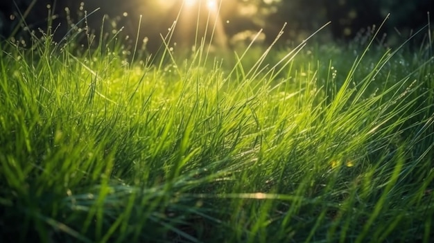 A field of grass with the sun shining through the grass