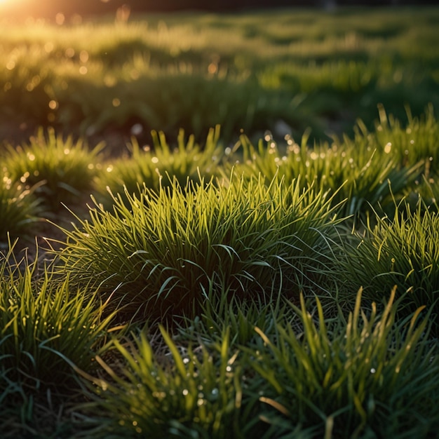 a field of grass with the sun shining through the leaves