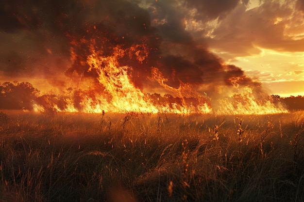 a field of grass with a sunset in the background