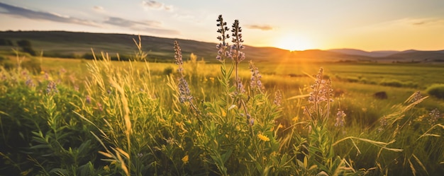 a field of grass with a sunset in the background