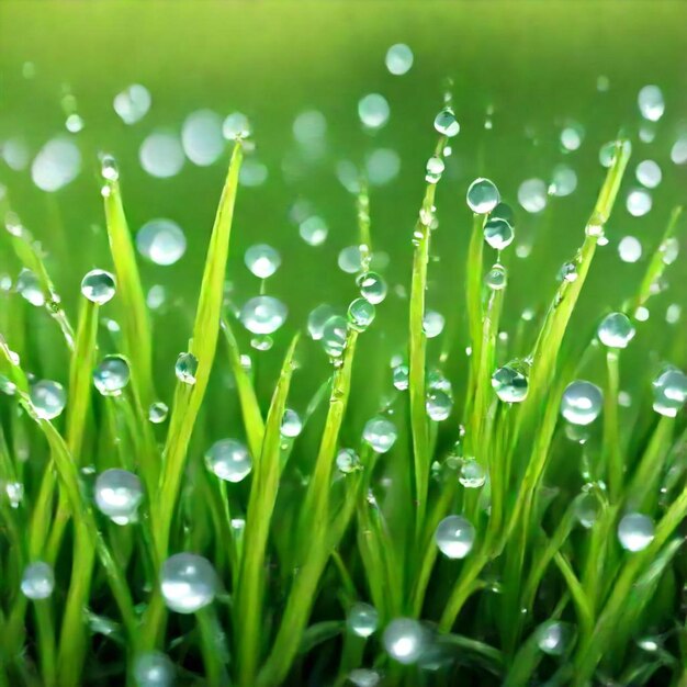 a field of grass with water drops on it and the grass is blurred