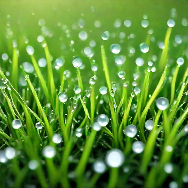 a field of grass with water drops on it and some grass in the background