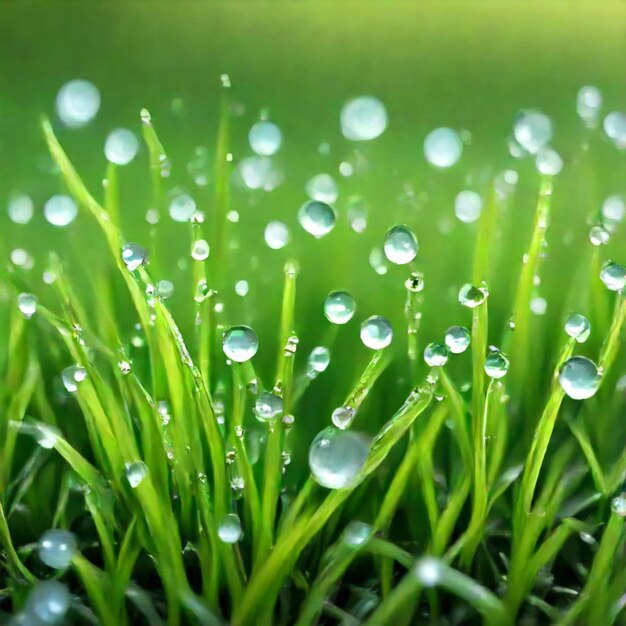 a field of grass with water drops on it and the sun is shining through