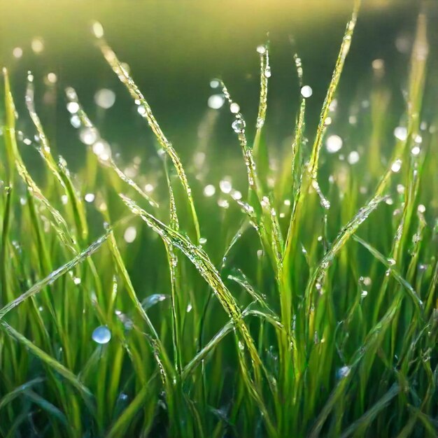 a field of grass with water drops on it and the sun behind it