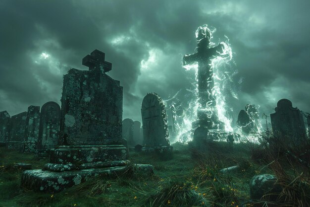 Photo a field of graves with a cross on the top of it