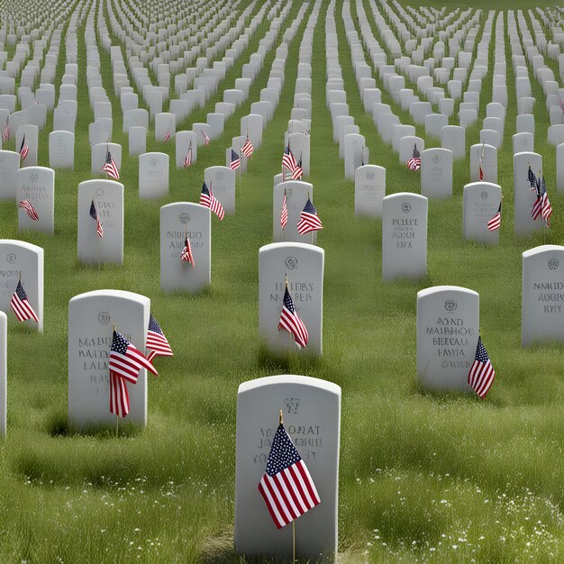 Photo a field of graves with a flag and a flag in the middle