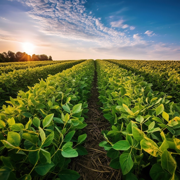 A field of green beans with a blue sky and clouds in the background.