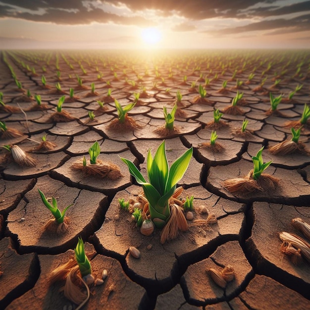 a field of green corn with a green plant in the background