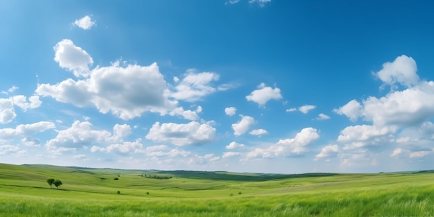 a field of green grass with a blue sky in the background